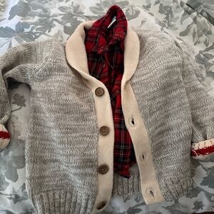 Gray Knit Cardigan with Red Plaid Lining